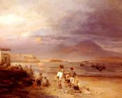 渔民与那不勒斯海湾和远处的维苏威火山 - 奥斯瓦尔德·阿肯巴克